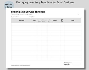 Plantilla de Canva para el seguimiento de suministros de embalaje, inventario para pequeñas empresas (descarga digital)