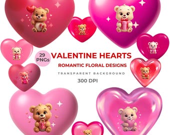 Teddy Bear Valentine Hearts PNG Bundle, Clipart (300 DPI, Transparent Background)