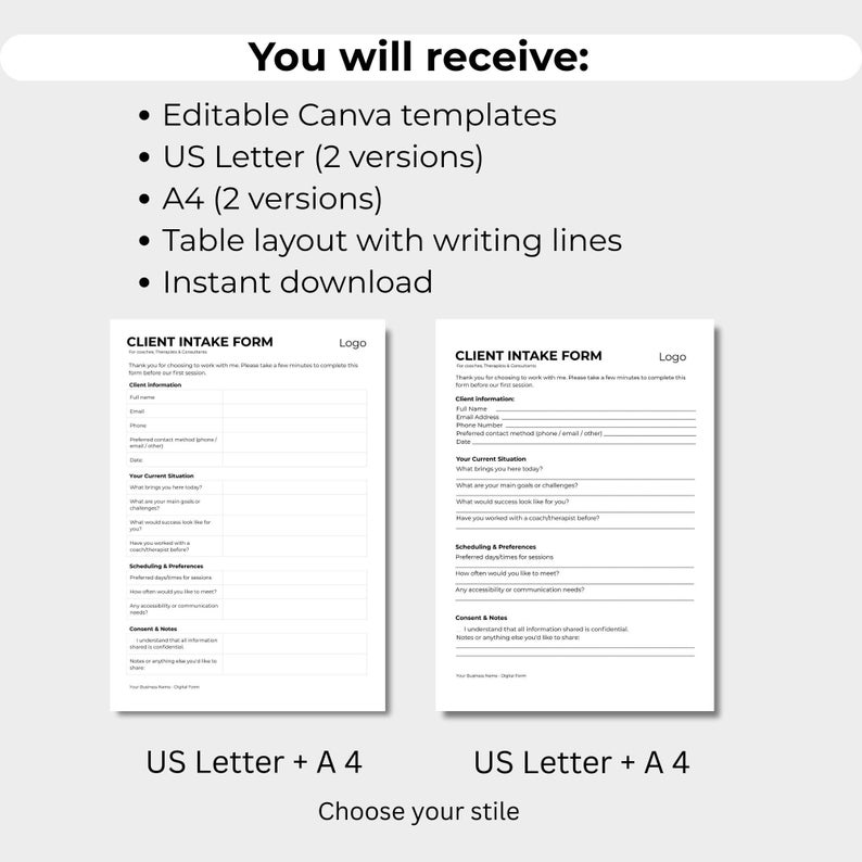 Title Business Client Intake Form Canva | 2 Layouts | Editable Business ...