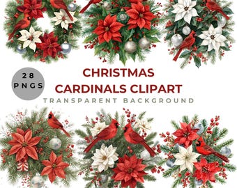 28 imágenes PNG navideñas: cardenales navideños, flores de Pascua, ramas de hoja perenne / 300 ppp, fondos transparentes, paquete digital
