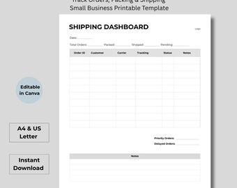 Panel de control de envíos para pequeñas empresas, seguimiento de pedidos (descarga digital) Tamaño Carta A4 de EE. UU.