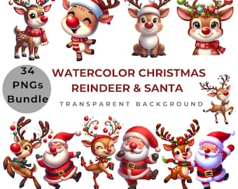 Paquete de imágenes prediseñadas PNG de renos navideños, Papá Noel, gráficos navideños (descarga digital)