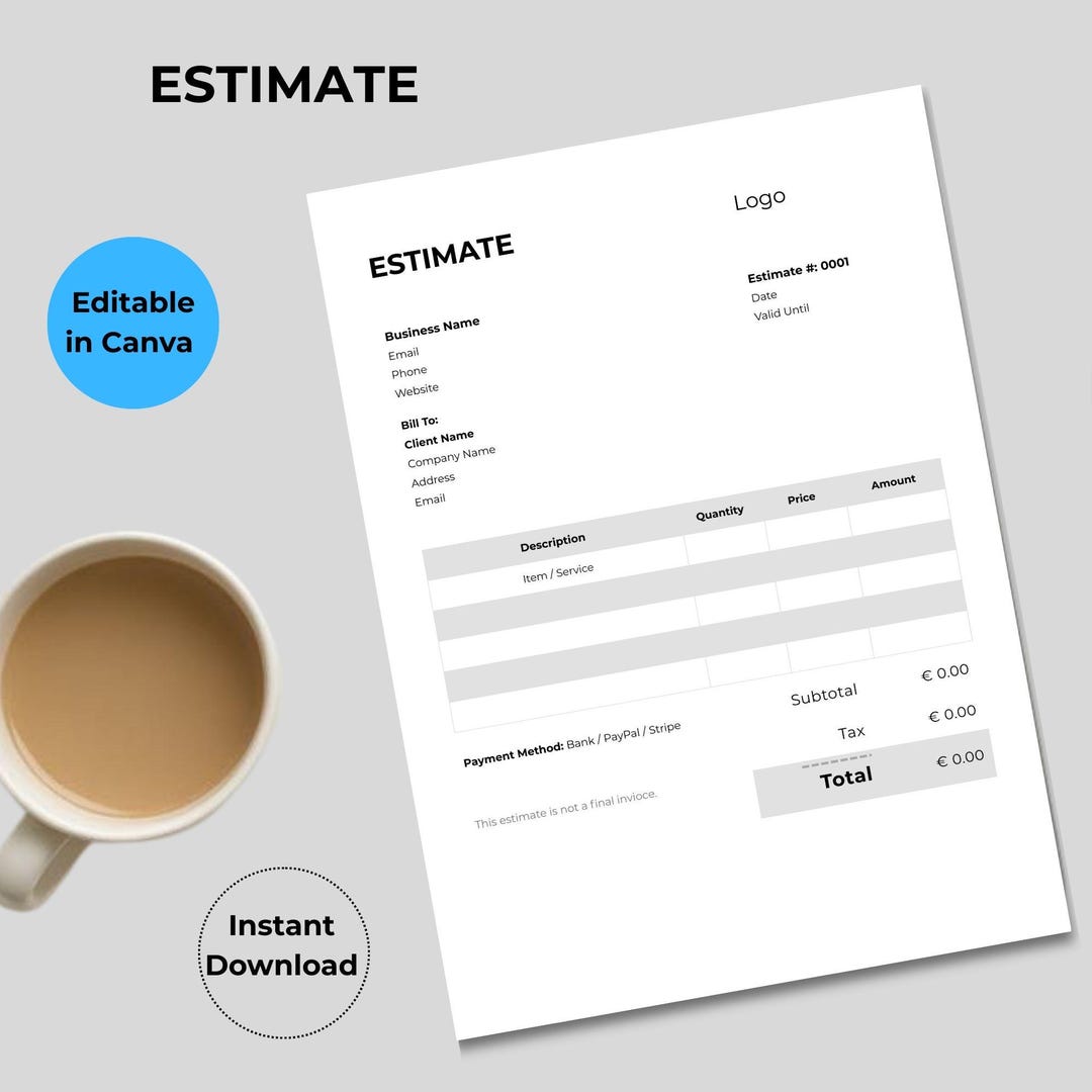 Editable Estimate Template | Canva Form, Small Business (instant ...