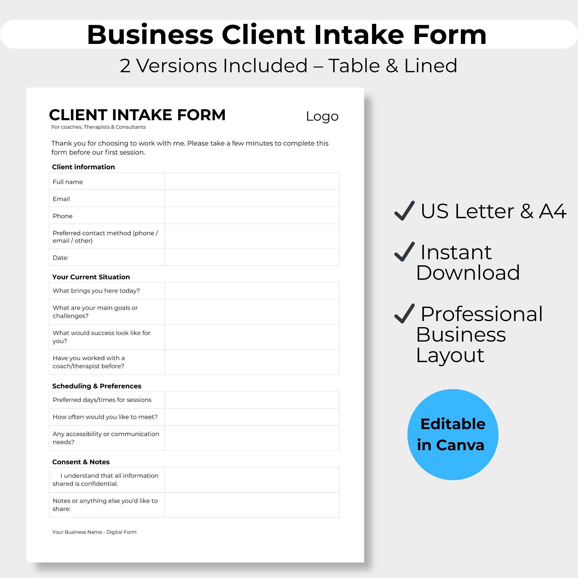 Title Business Client Intake Form Canva | 2 Layouts | Editable Business ...