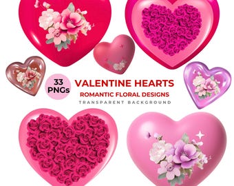 Floral Valentine Hearts Clipart, Rose PNG Graphics (Digital Download)
