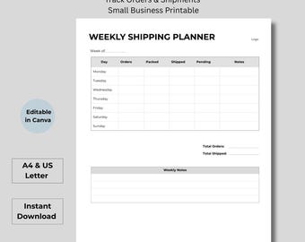 Planificador de envíos semanales, rastreador de pedidos para pequeñas empresas (descarga digital)