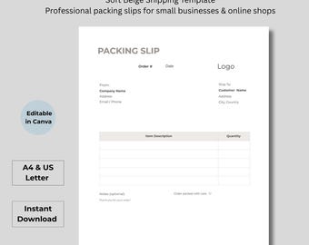 Soft Beige Packing Slip Template, Editable Canva Shipping Form (Digital Download)