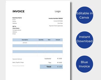 Blue Minimalist Invoice Template | Editable Canva, Printable PDF