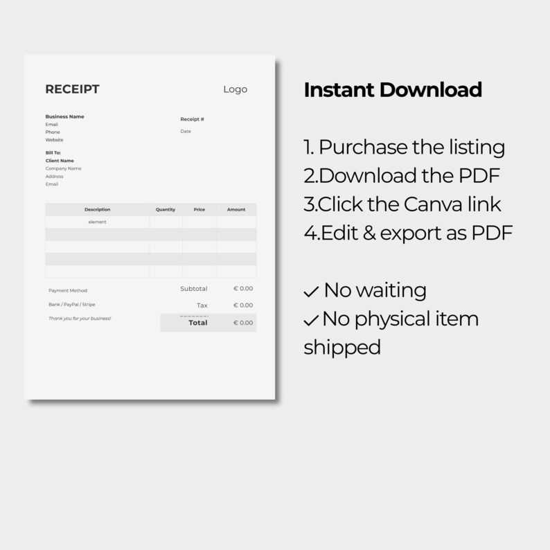 Receipt Editable Mini Minimal Receipt Template | Editable Canva Design (instant Download) - Etsy