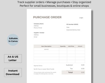 Soft Beige Purchase Order Template, Editable Canva PO Form (Digital Download)