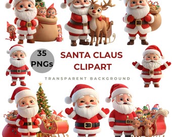 Paquete de imágenes prediseñadas PNG de Papá Noel, 35 gráficos navideños (descarga digital)