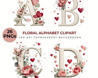 Valentine Floral Alphabet Clipart – Romantic Heart Letters (Digital Download)