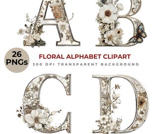 Floral Alphabet Clipart PNG, Vintage Wedding Monogram Letters (Digital Download)