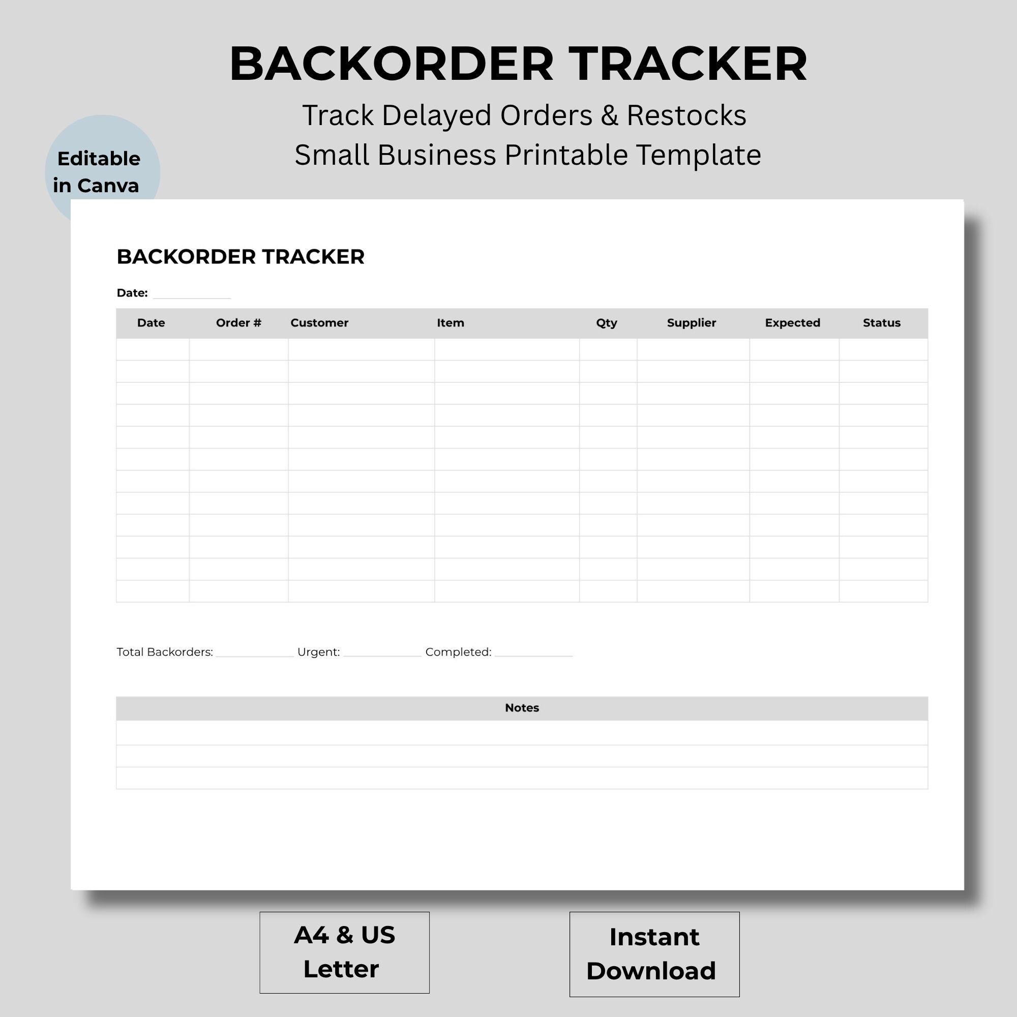 Backorder Tracker Printable, Small Business Order Log (digital Download ...