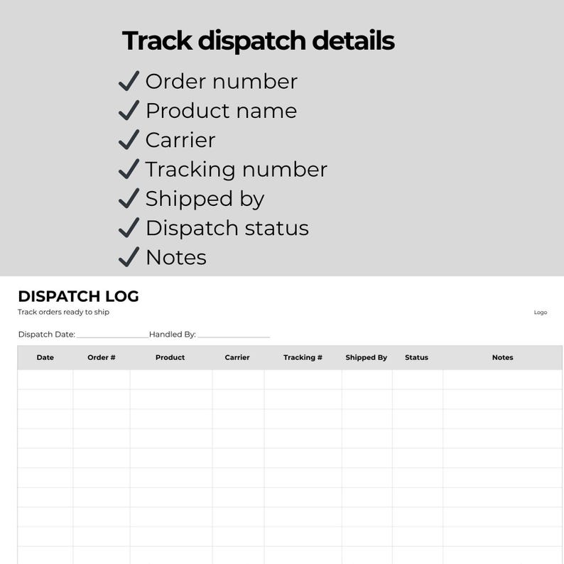 Dispatch Log Template, Shipping Tracker, Small Business Order Form ...