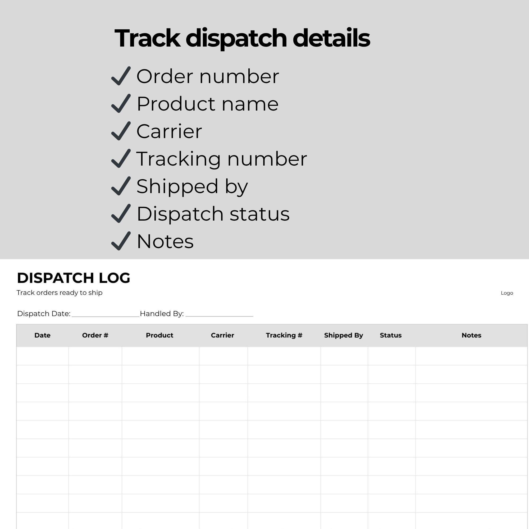 Dispatch Log Template, Shipping Tracker, Small Business Order Form ...