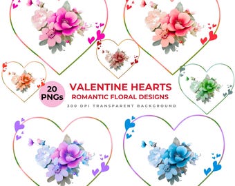 Floral Heart PNG Clipart, Valentine's Day Designs (Digital Download, 300 DPI, Transparent Background)