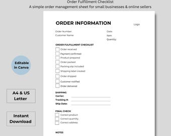Order Fulfillment Checklist Template | Small Business Order Tracker (Canva)A4 & US Letter
