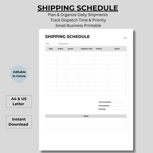 Puede incluir: Una plantilla imprimible en blanco de programación de envíos con el texto "SHIPPING SCHEDULE" en la parte superior. La plantilla incluye secciones para fecha, pedidos, transportista, hora de envío, prioridad y estado. El texto adicional incluye "Planificar y organizar los envíos diarios".