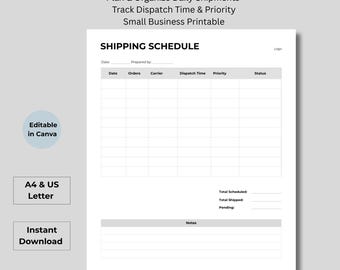 Shipping Schedule Planner, Small Business Dispatch Template (Instant Download) US LETTER A4 SIZE