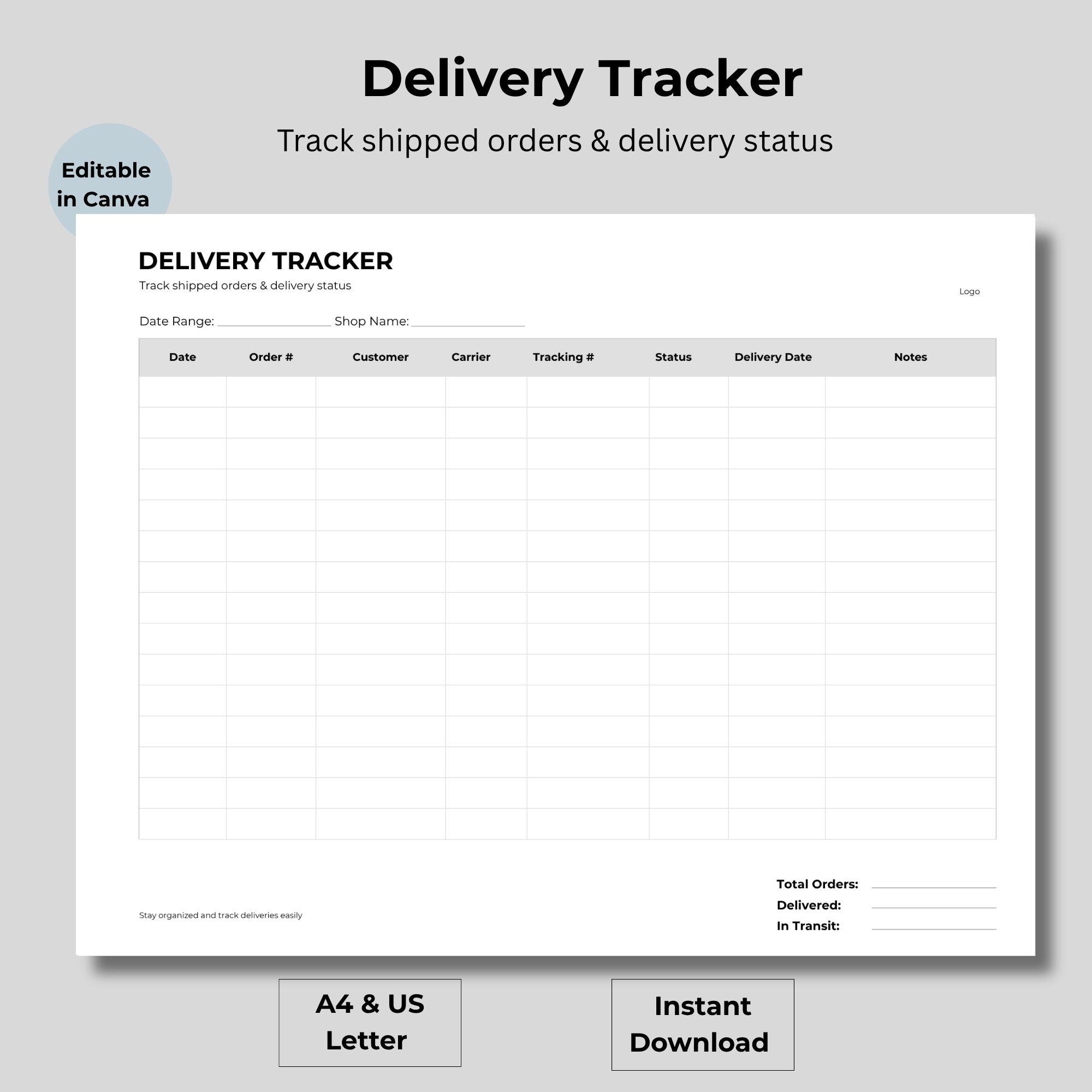 Example Retail Delivery Tracker Small Business Delivery Tracker, Order Shipping Log (canva Template) A4 ...