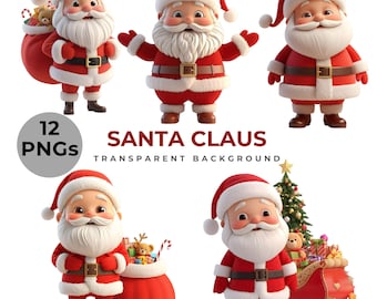 Lindos cliparts PNG de Papá Noel en 3D (15 archivos PNG de alta calidad) Fondo transparente Perfectos para manualidades navideñas