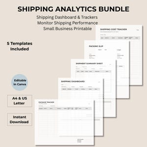 Könnte beinhalten: Ein Bundle druckbarer Versandanalysetemplates für kleine Unternehmen. Enthält einen Versandkosten-Tracker, einen Packzettel, ein Versandübersichtsblatt, ein Versand-Dashboard und einen Paket-Tracker. Die Vorlagen sind in Canva bearbeitbar und in A4- und US-Letter-Größe verfügbar.