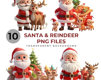 Papá Noel con renos PNG / Imágenes prediseñadas navideñas / Descarga instantánea / PNG digital