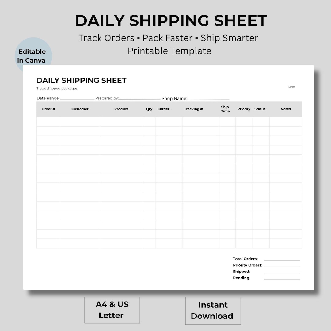 Shipping Sheet.pdf Daily Shipping Sheet Printable, Order Tracker, Packing List, Small ...