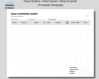 Hoja de envíos diaria imprimible, rastreador de pedidos, lista de empaque, registro para pequeñas empresas (descarga digital)