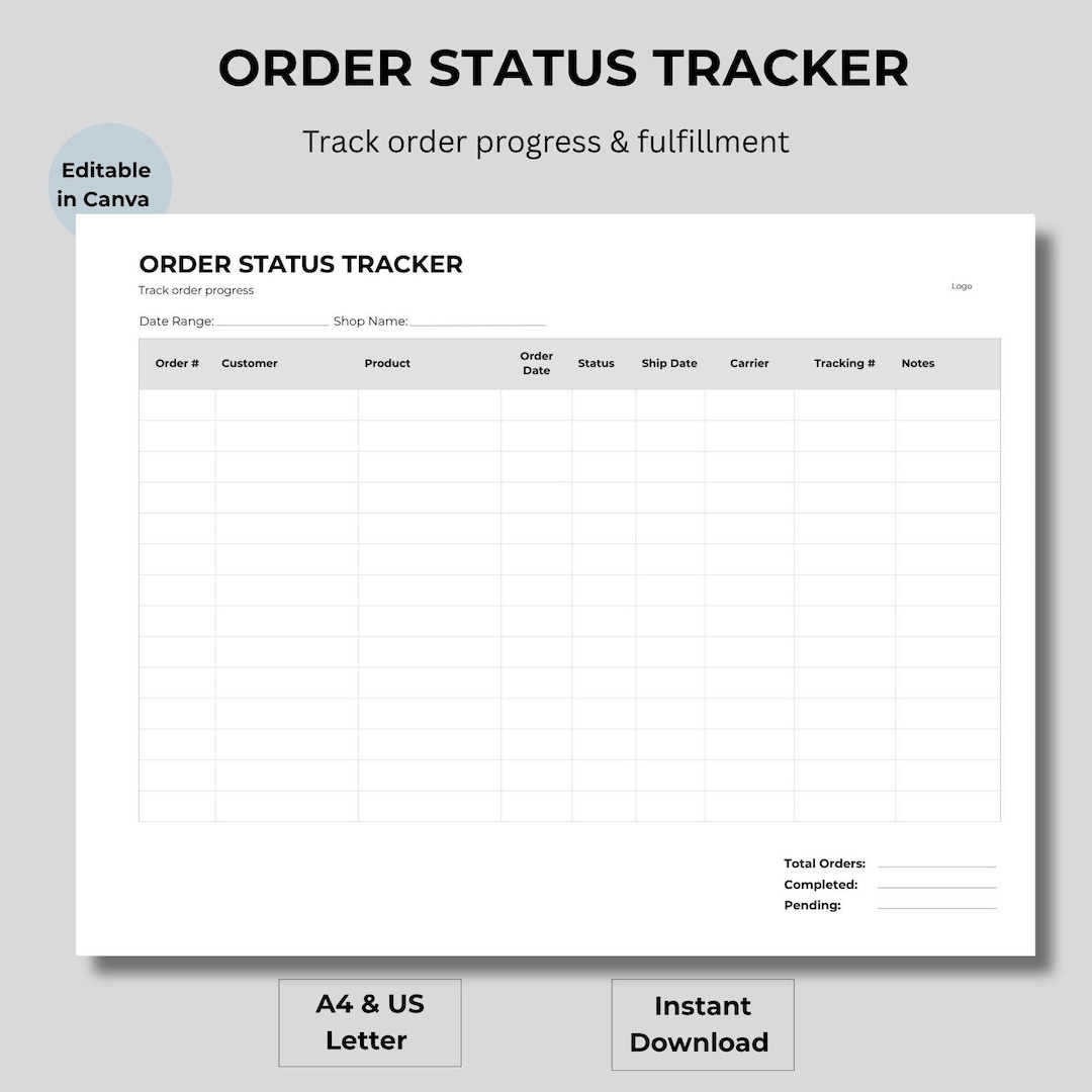 Order Status Tracker Template Canva Small Business Order Tracking Sheet ...