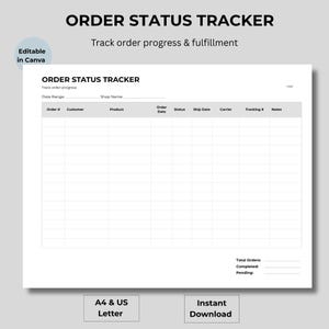 Puede incluir: Una plantilla imprimible en blanco para el seguimiento del estado del pedido con el texto "ORDER STATUS TRACKER" en la parte superior. La plantilla incluye campos para el número de pedido, el cliente, el producto, la fecha del pedido, el estado, la fecha de envío, el transportista, el número de seguimiento y las notas.