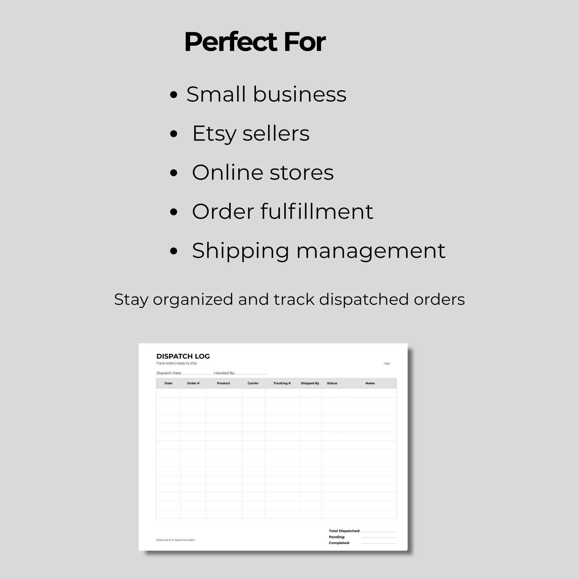 Dispatch Log Template, Shipping Tracker, Small Business Order Form ...