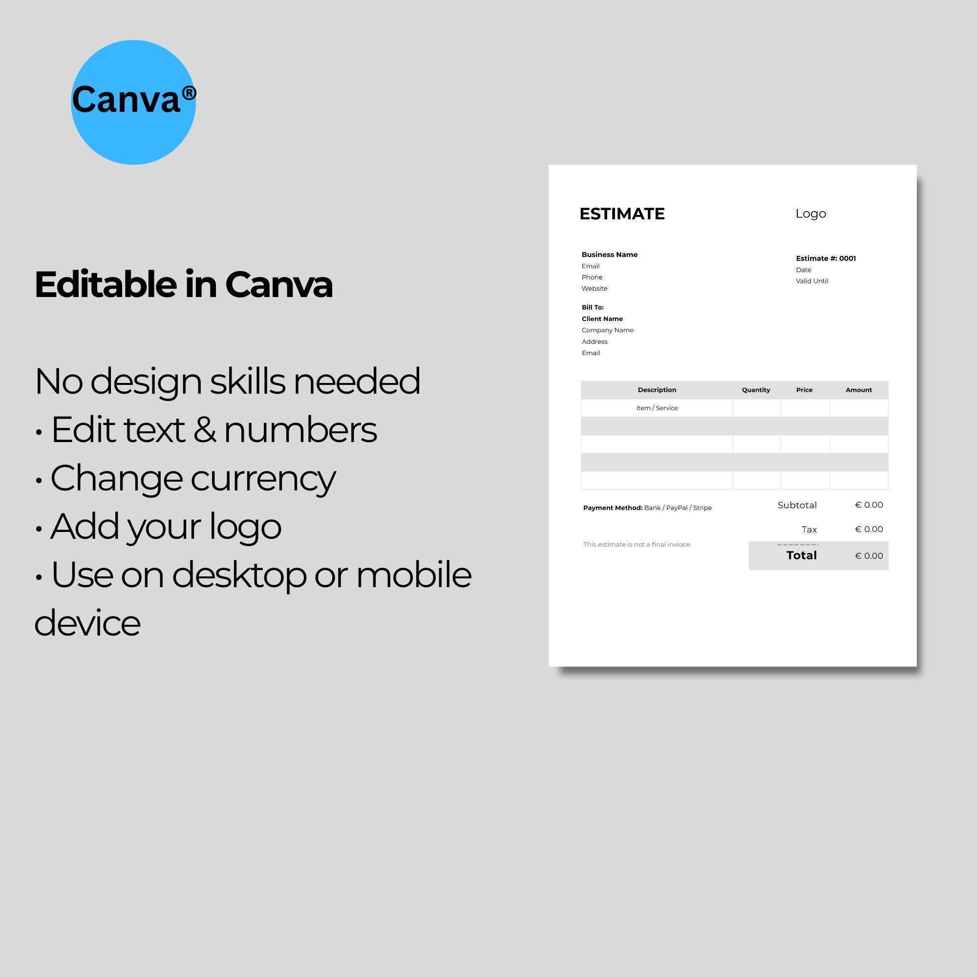 Editable Estimate Template | Canva Form, Small Business (instant ...