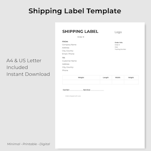 Minimal fraktetikettmall, utskrivbar Canvas-blankett (A4/US Letter) (digital nedladdning)