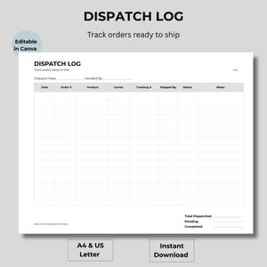 May include: A white "Dispatch Log" template with the text "Track orders ready to ship." The log includes fields for date, order number, product, carrier, tracking number, shipped by, status, and notes. Includes "A4 & US Letter" and "Instant Download" text.