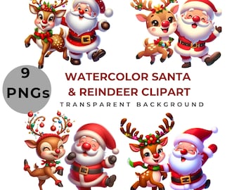 Acuarela de Papá Noel y reno, clipart PNG, clipart navideño, fondo transparente, descarga digital