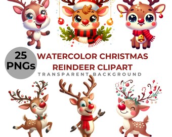 Paquete de imágenes prediseñadas de renos navideños en acuarela, imágenes prediseñadas navideñas, fondo transparente, descarga digital