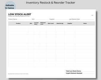 Plantilla de Canva para el seguimiento de alertas de bajo stock, hoja de reabastecimiento de inventario para pequeñas empresas (descarga digital)