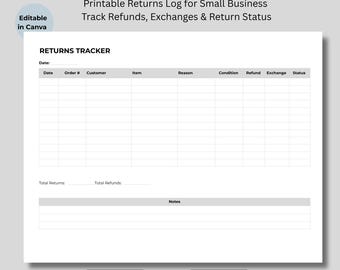 Registro de devoluciones imprimible para pequeñas empresas (descarga digital) Tamaño A4 de EE. UU.