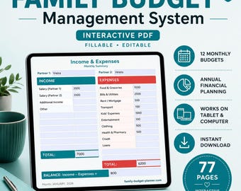 Planificador de presupuesto familiar / PDF interactivo rellenable, organizador financiero (A4/Carta estadounidense)