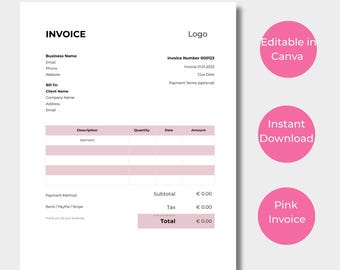 Pink Invoice Template | Editable Canva Design, US Letter (Digital Download)