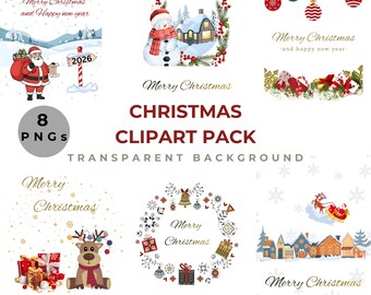 Holiday Greeting Card Set 8 PNG | Printable Festive Designs | Digital Merry Christmas Illustration Pack |