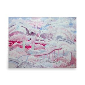 Peut inclure: Peinture éthérée représentant un paysage de rêve avec des nuages roses et blancs, un escalier et un pont. L'œuvre présente une palette de couleurs douces avec des accents de bleu et de rouge, créant une scène fantaisiste et imaginative. La peinture évoque la fantaisie et l'émerveillement.