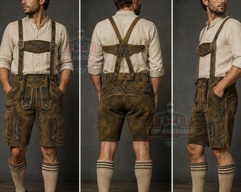 BAVARIA Lederhosen Men Oktoberfest Costume - Genuine Leather, German Mens Lederhosen - Antique Waxed Brown