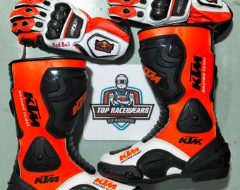 KTM Handmade Racing Motorcycle Leather Boots & Gloves MotoGP Sportbike Riding Gear