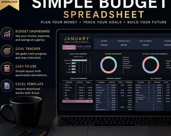 Foglio di calcolo Excel per il budget semplice / Pianificatore di budget mensile / Monitoraggio delle spese / Dashboard finanziaria