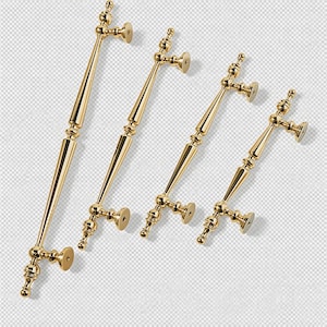 May include: Four gold-colored door handles of varying sizes. Each handle features a decorative design with a central, elongated section and ornate end pieces. The handles are arranged diagonally, showcasing their different lengths and styles.
