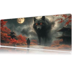 May include: A large rectangular mousepad featuring a fantasy scene. A giant black wolf with glowing red eyes stands before a person on a path. Japanese-style buildings and red foliage are in the background, with a full moon in the sky.