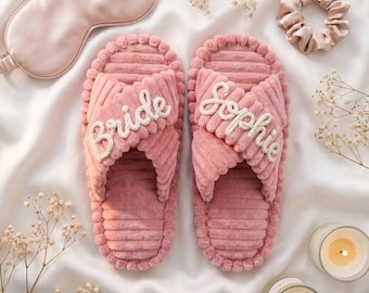 Custom Chenille Name Slippers, Bridesmaid Bachelorette Party Favor, Cozy Home Shoes